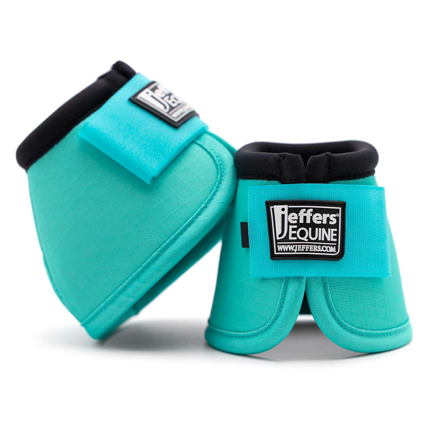 Turquoise horse bell boots set with black trim and Jeffer's Equine logo patches.