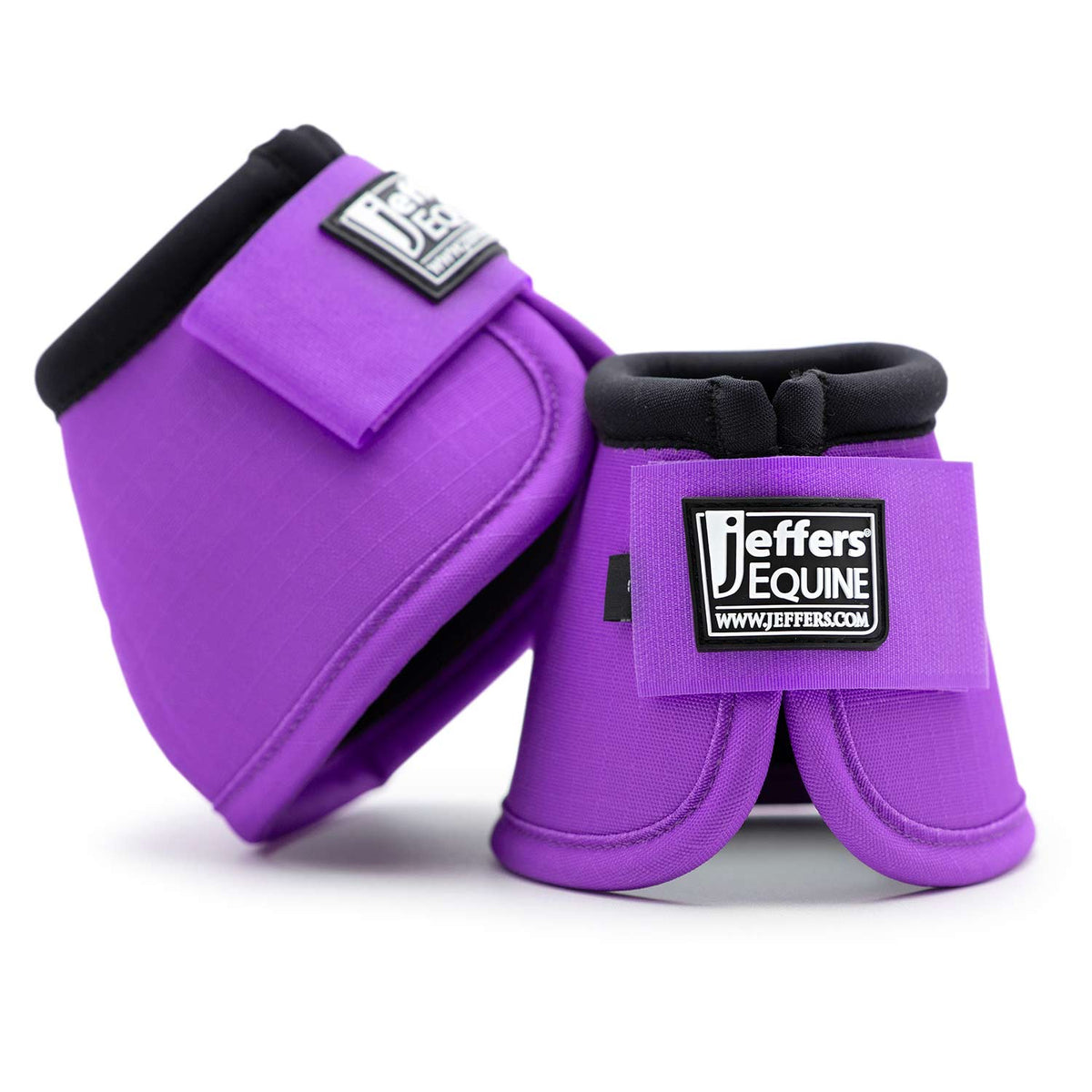 Purple horse bell boots set with black trim and Jeffer's Equine logo patches.