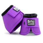 Purple horse bell boots set with black trim and Jeffer's Equine logo patches.