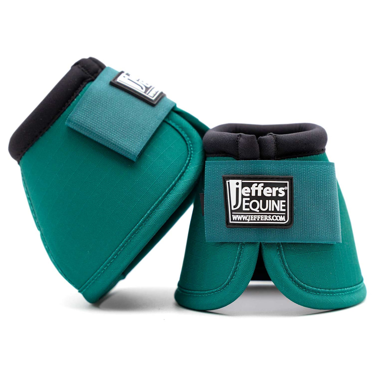 Teal horse bell boots set with black trim and Jeffer's Equine logo patches.