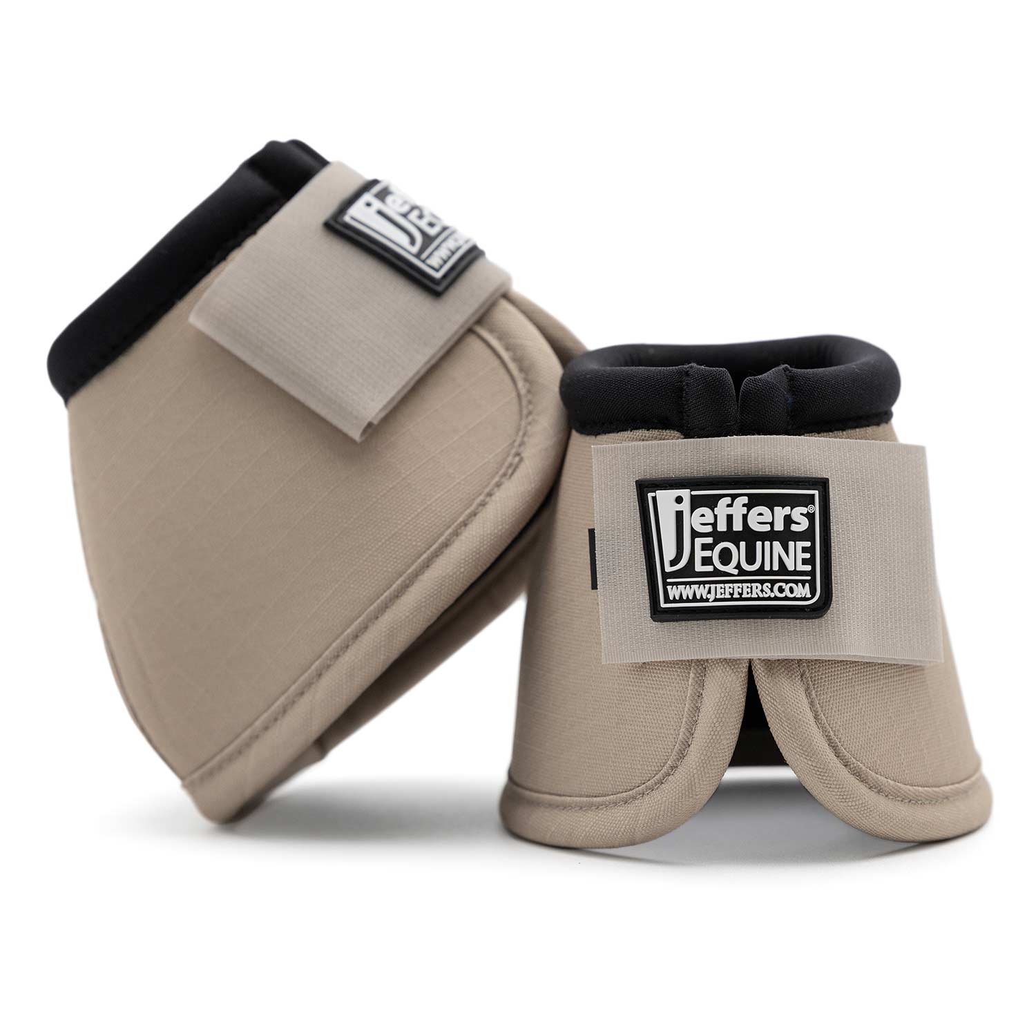 No-Turn bell boots for horses, beige with black padding and hook-and-loop straps