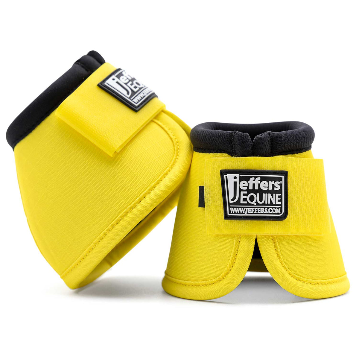 No-Turn bell boots for horses, bright yellow with black padding and hook-and-loop straps