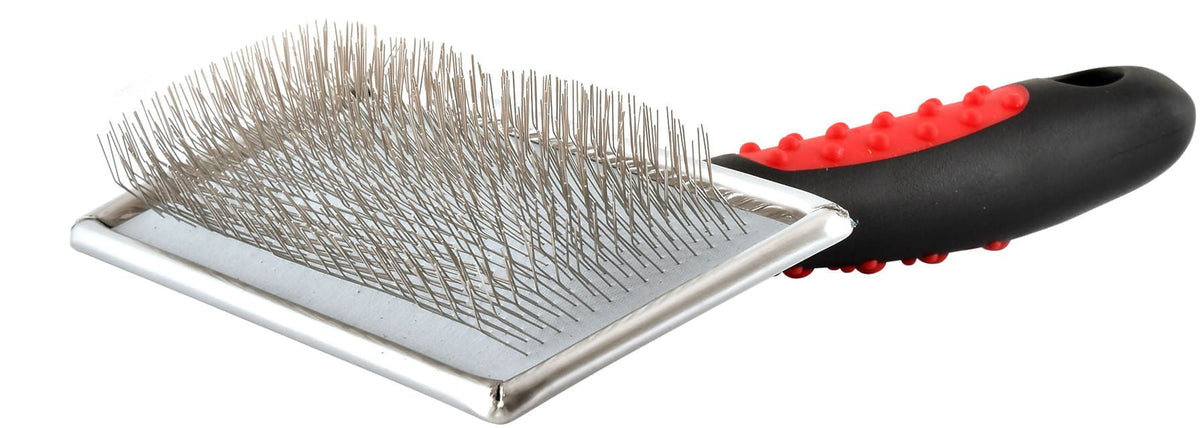 Pet slicker grooming brush angled view with metal pin pad and black/red handle