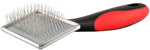 Pet slicker grooming brush with metal pin pad and black handle with red edge