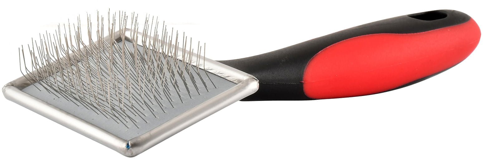 Pet slicker grooming brush with metal pin pad and black handle with red edge