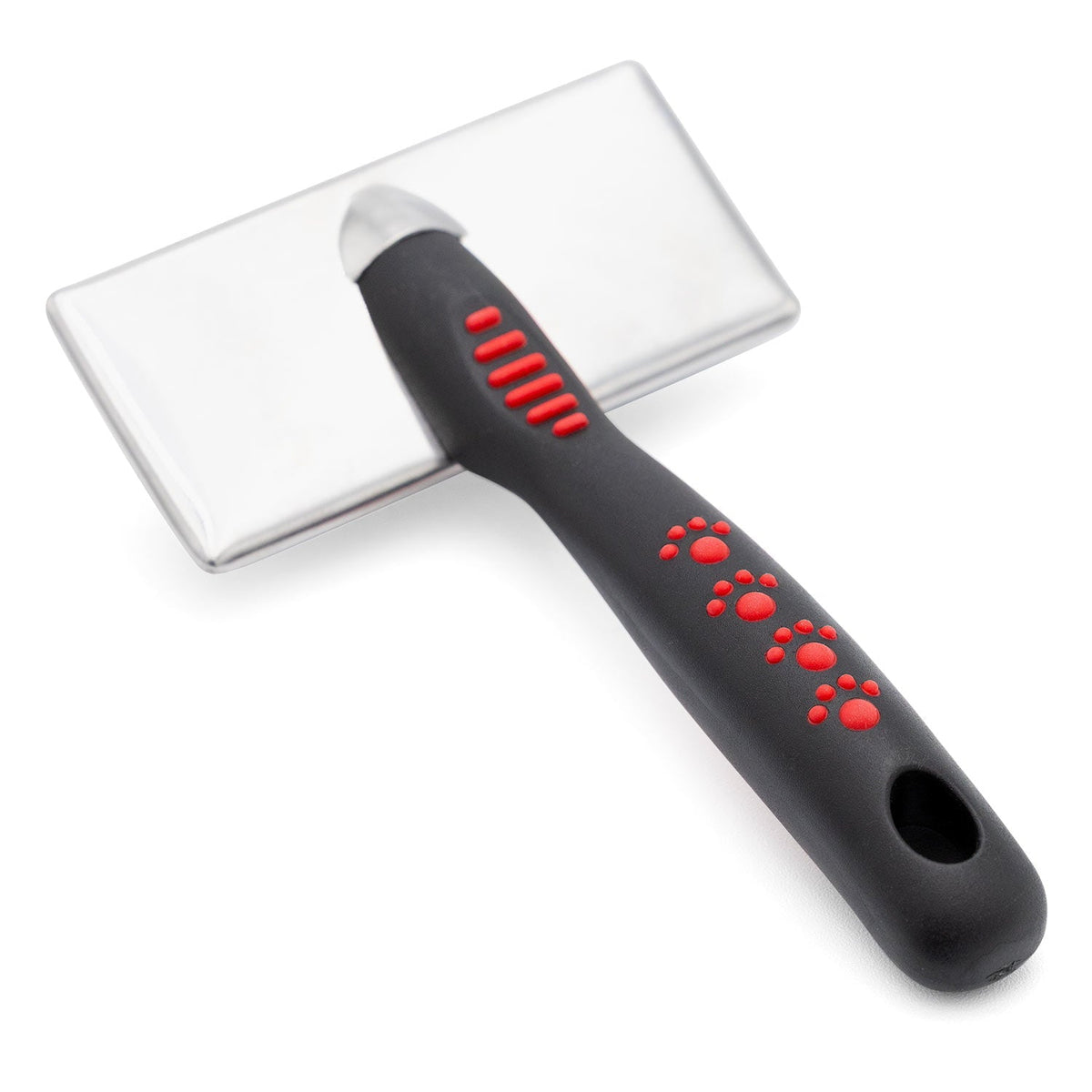 Pet slicker grooming brush with black handle, red ridges, and metal pin pad
