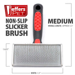 Pet slicker grooming brush, medium size, with black non-slip handle and metal pin pad