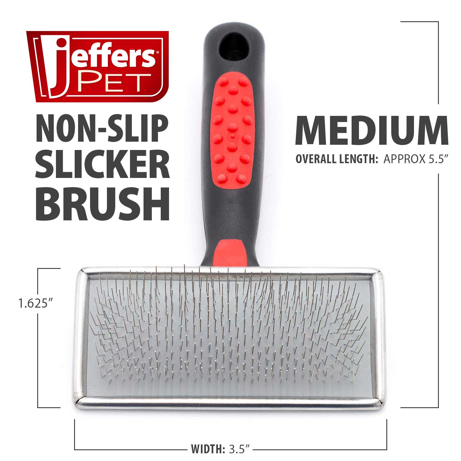 Pet slicker grooming brush, medium size, with black non-slip handle and metal pin pad