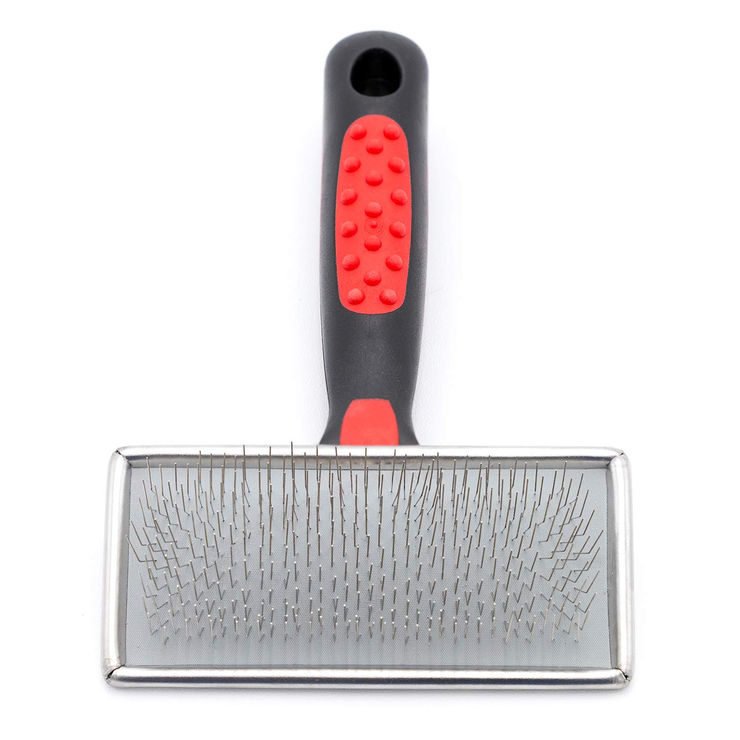 Pet slicker grooming brush with black handle, red grip, and rectangular metal pin pad