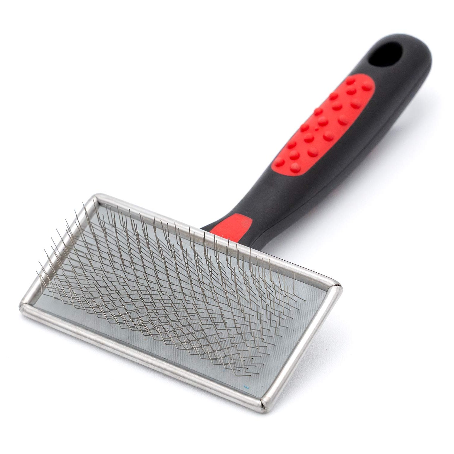 Pet slicker grooming brush with black handle, red grip, and metal pin pad