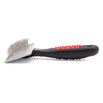 Pet slicker grooming brush with metal pin head and black handle with red grip dots