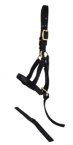 Nylon weanling horse halter, black with adjustable straps and metal buckles