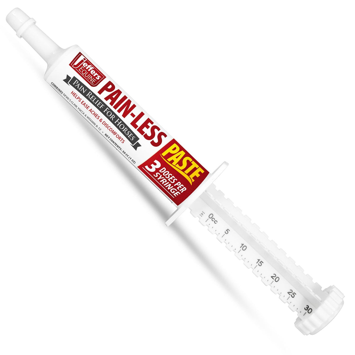 Horse pain relief paste syringe with white applicator, red label, dosing scale and cap