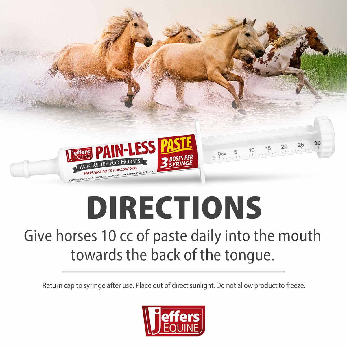 Horse pain relief paste syringe lying down, white applicator with red label and dosing marks