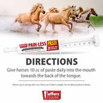 Horse pain relief paste syringe lying down, white applicator with red label and dosing marks