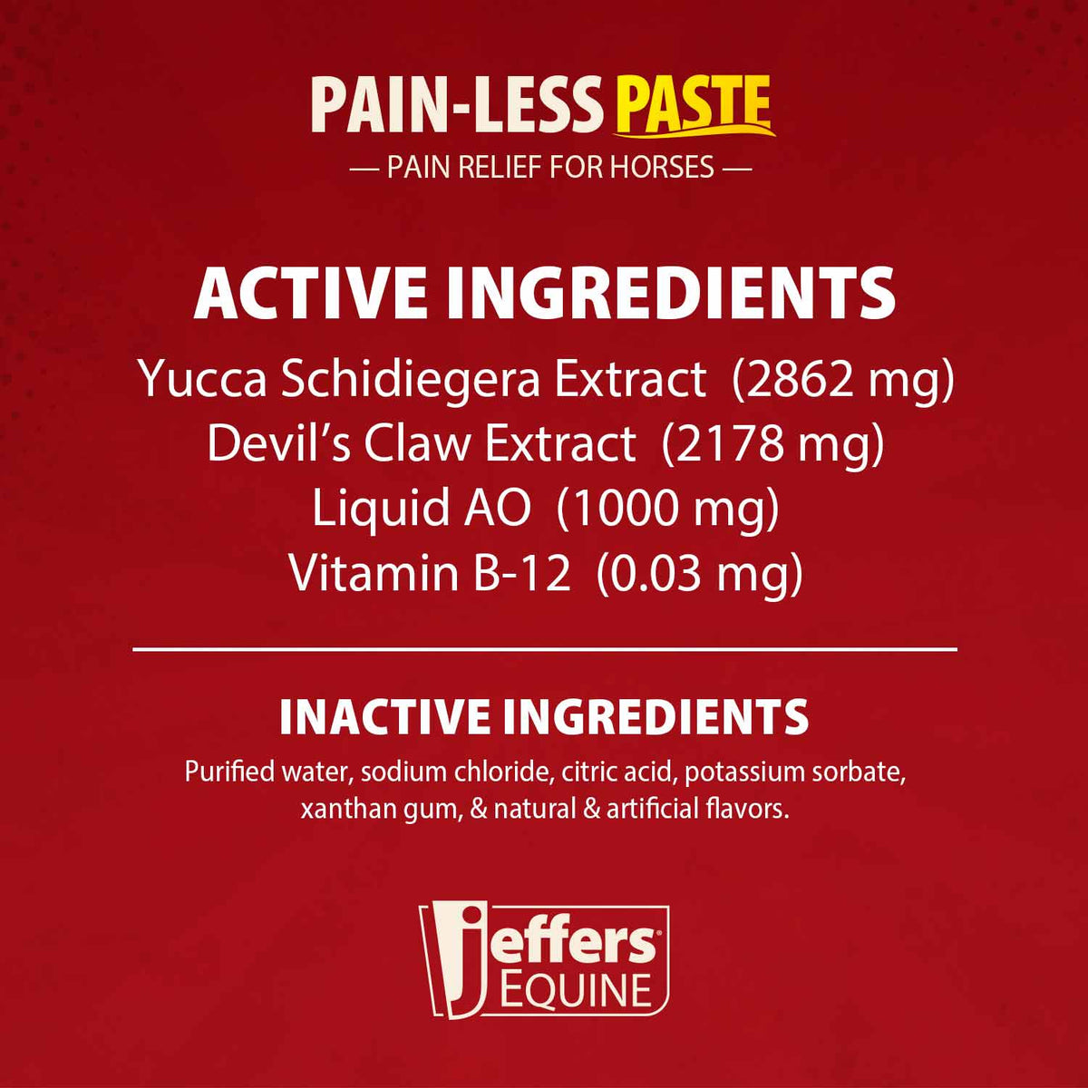Horse pain relief paste active ingredients panel on red card with Jeffer's Equine logo