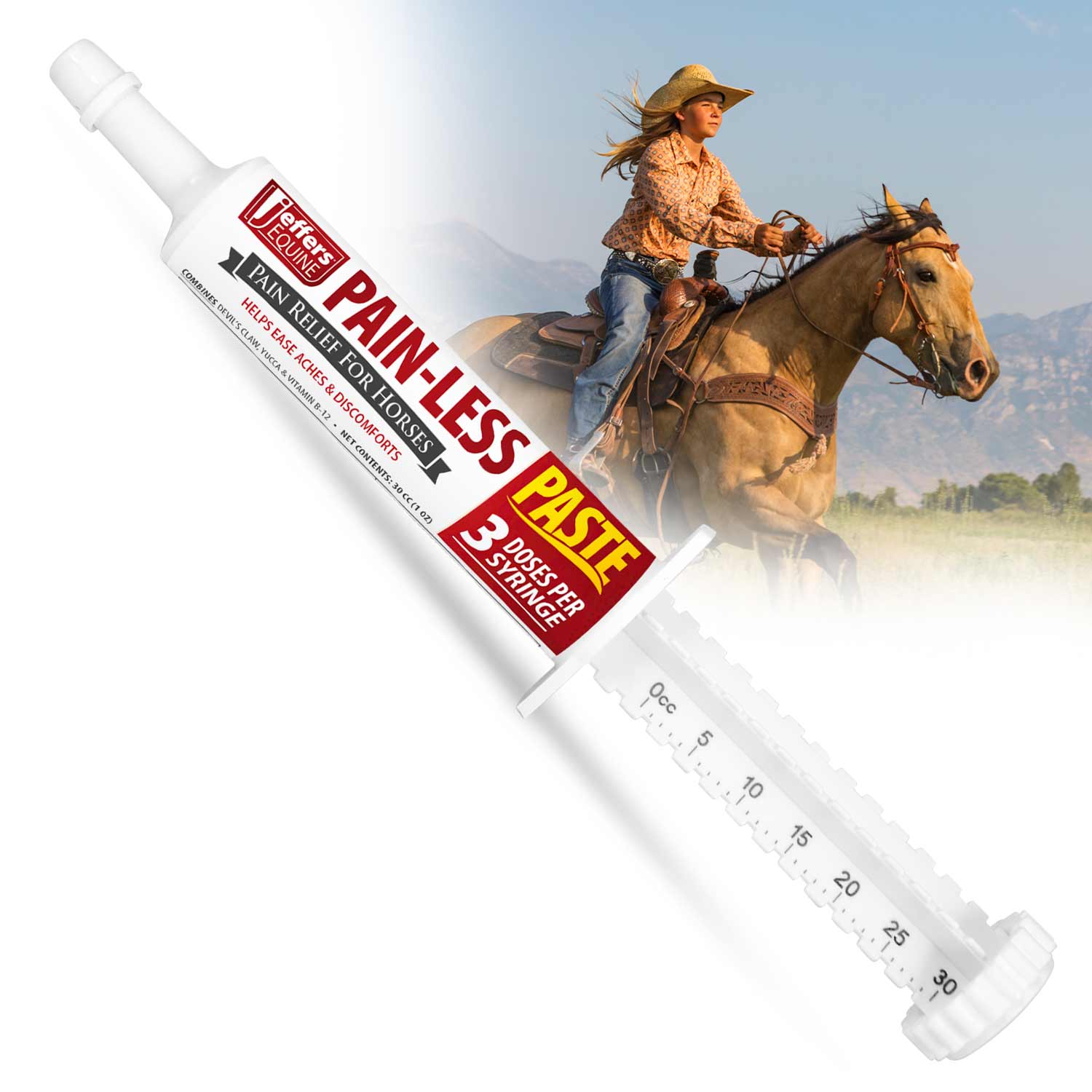 Horse pain relief paste syringe with white applicator, red label, measuring scale
