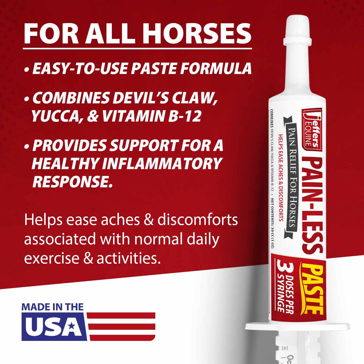 Horse pain relief paste syringe with red label, easy-to-use formula text, white tip