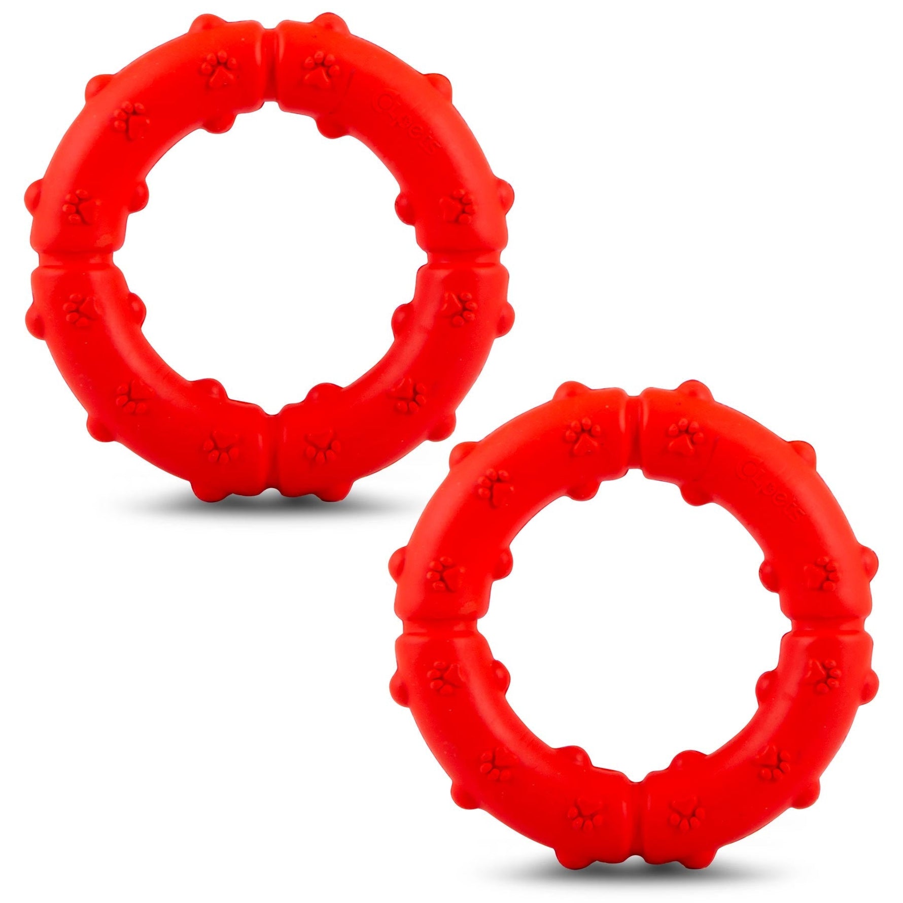 Two red rubber dog tug ring chews with pawprint textured grips