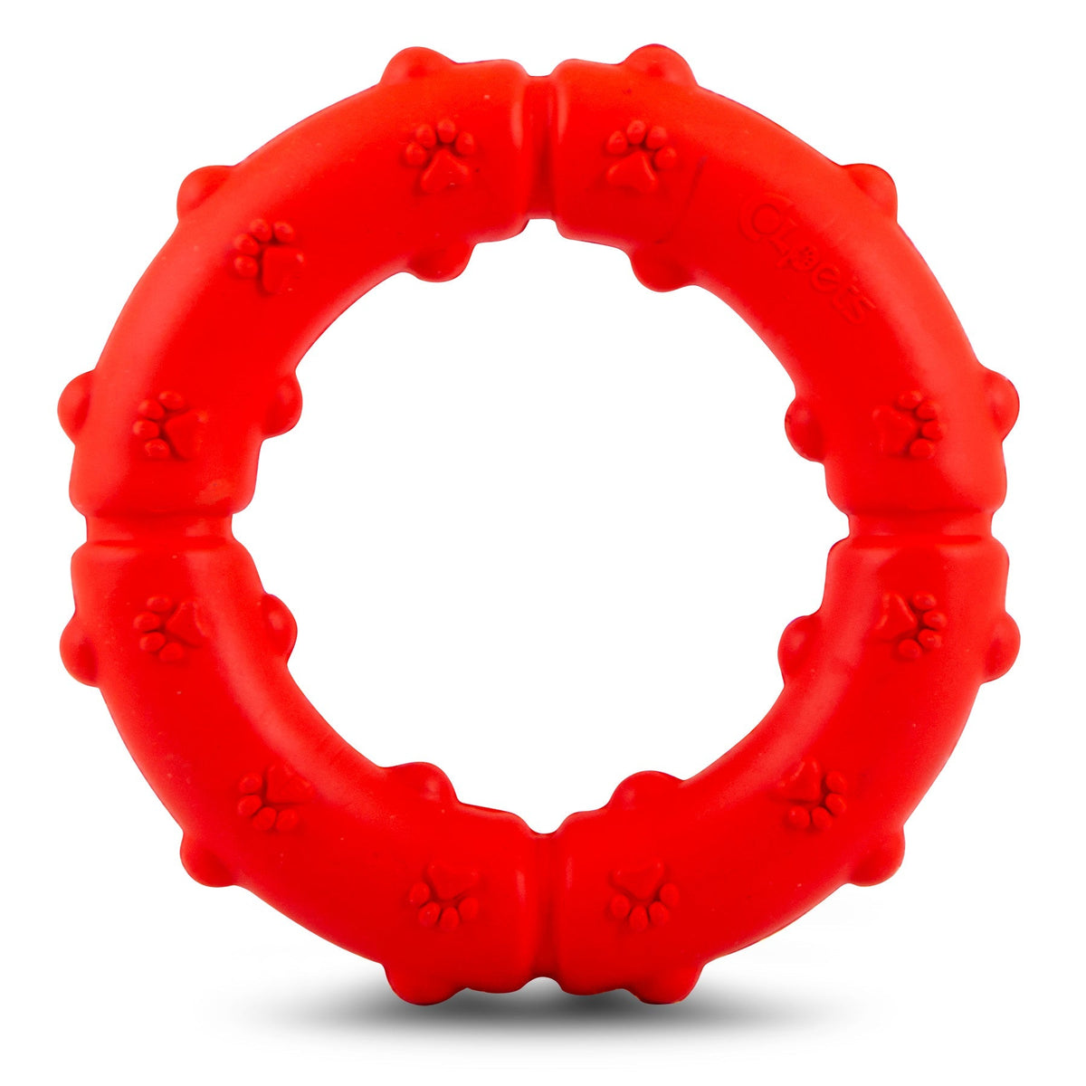 Red rubber dog tug ring chew with pawprint textured grips