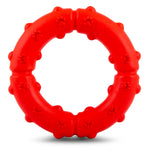 Red rubber dog tug ring chew with pawprint textured grips