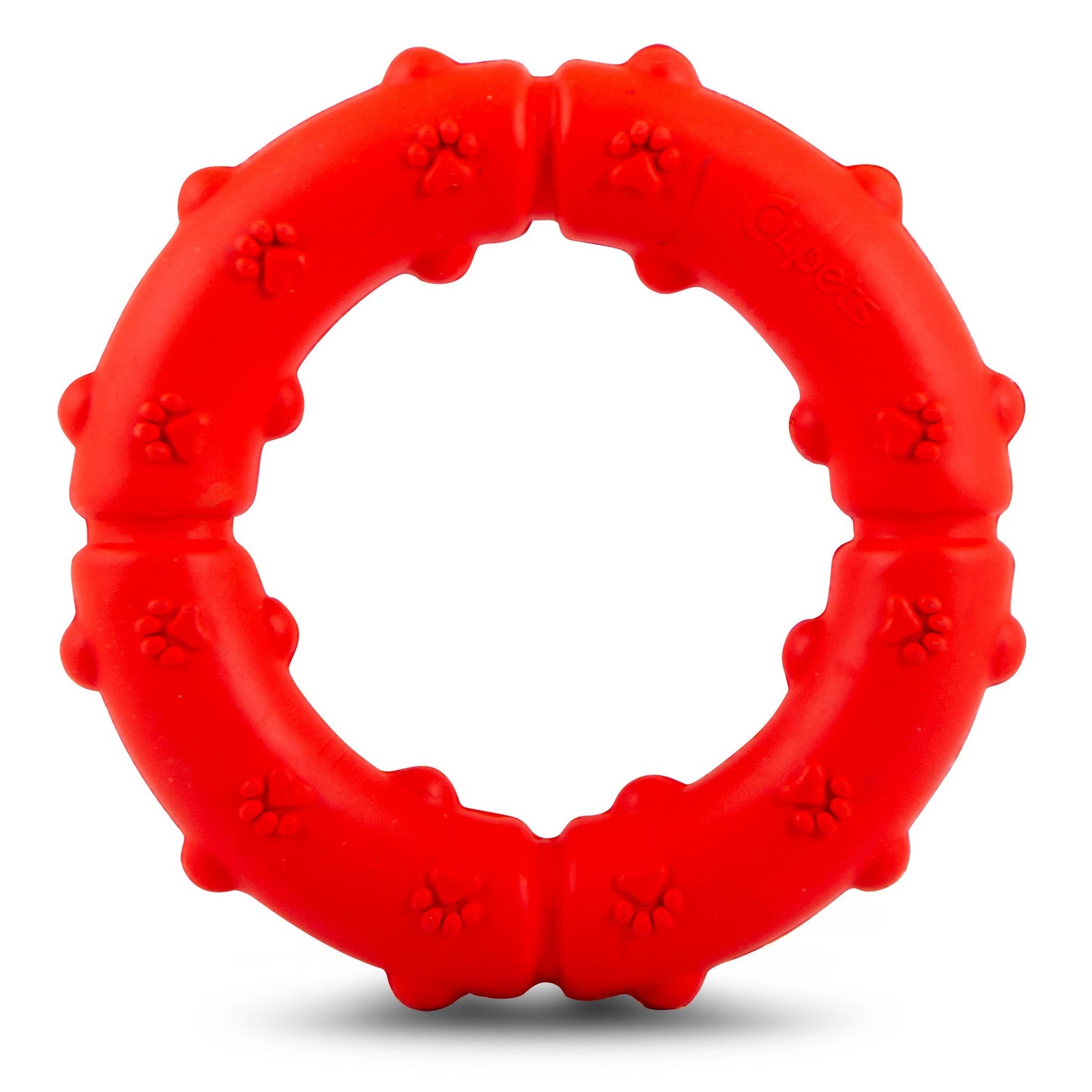 Red rubber dog tug ring chew with pawprint textured grips
