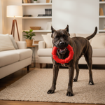 Dog carrying a red paw ring natural rubber tug toy in its mouth