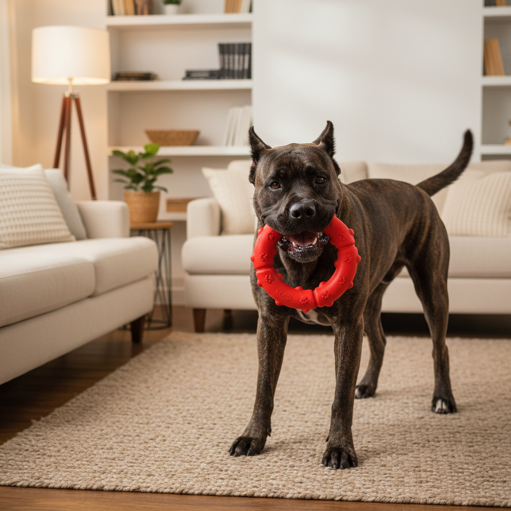 Dog carrying a red paw ring natural rubber tug toy in its mouth