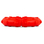 Red rubber dog tug ring chew with bumpy pawprint texture along top