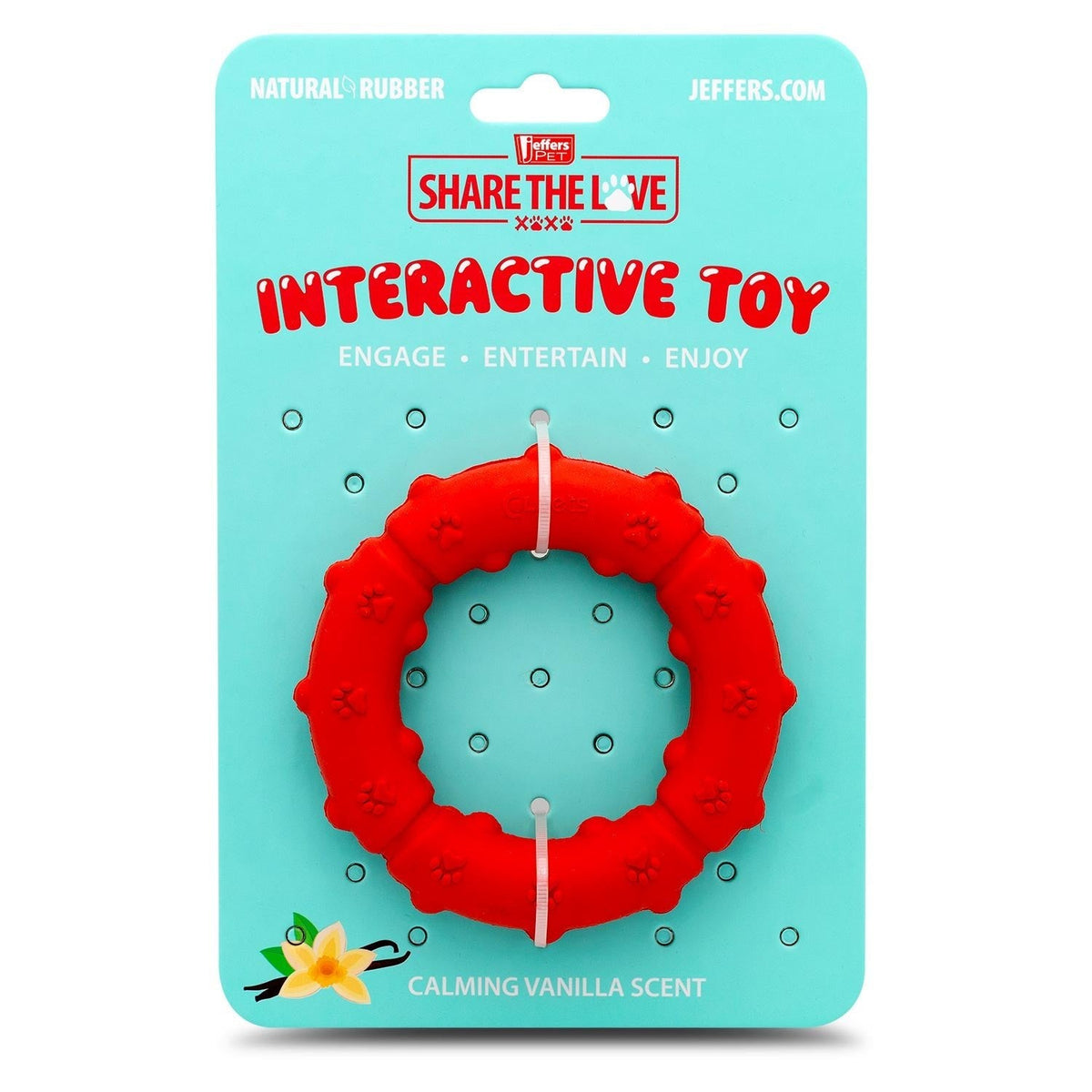 Interactive toy package with a red rubber dog tug ring chew