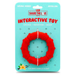 Interactive toy package with a red rubber dog tug ring chew