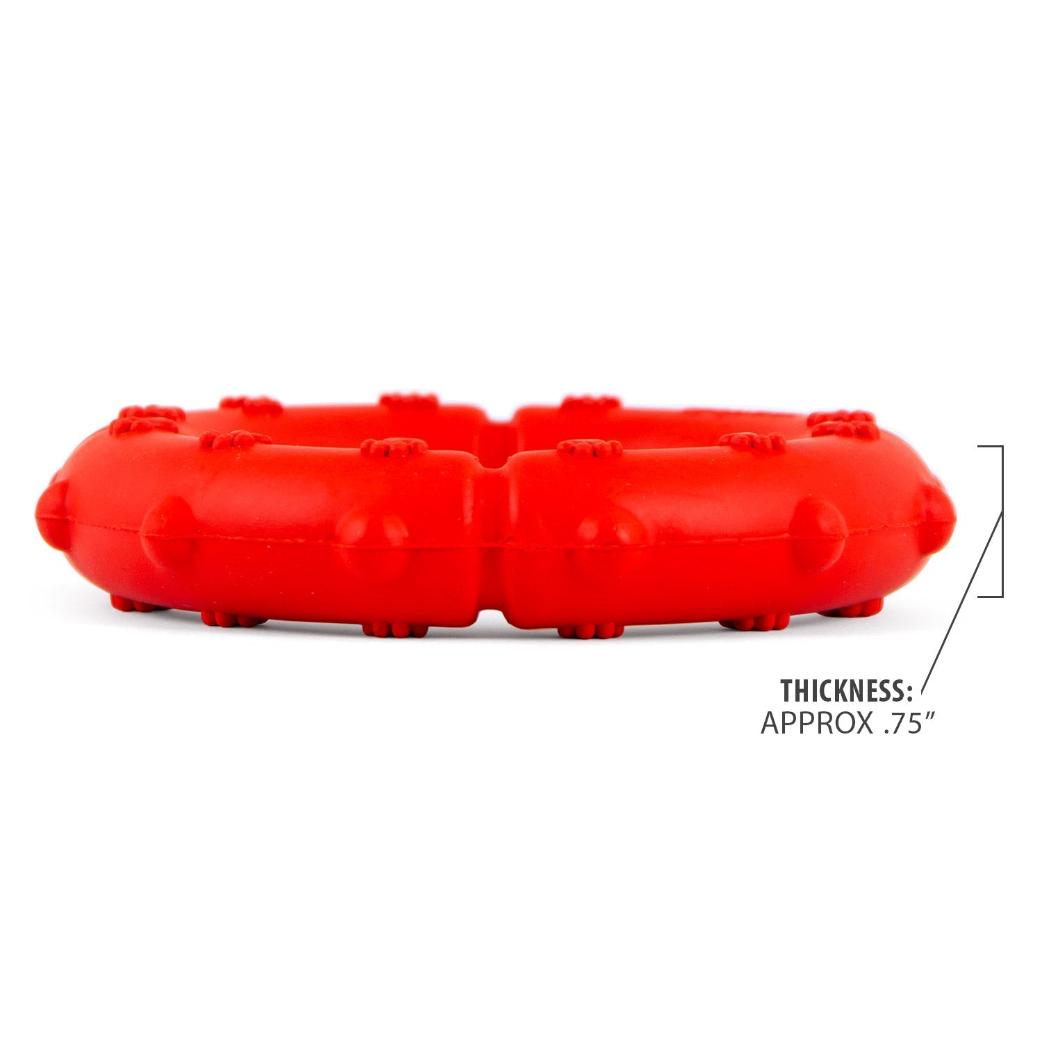 Red rubber dog tug ring chew, side profile with bumpy pawprint texture
