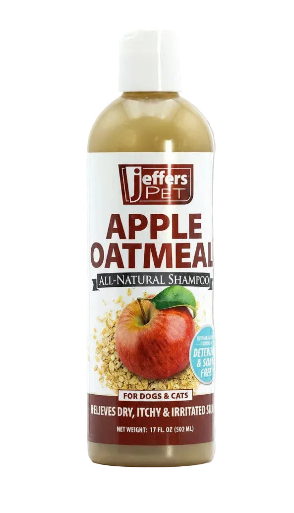 Apple oatmeal all-natural shampoo bottle, apple and oat label art, white cap