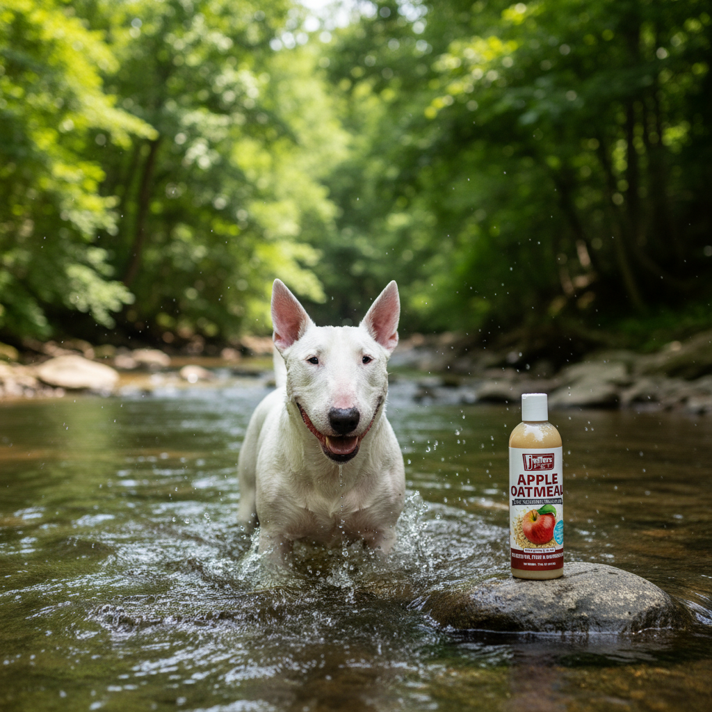 Pet shampoo bottle, apple oatmeal hypoallergenic, amber liquid, white cap