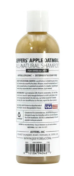 Apple oatmeal shampoo bottle, back label panel, white cap, amber liquid