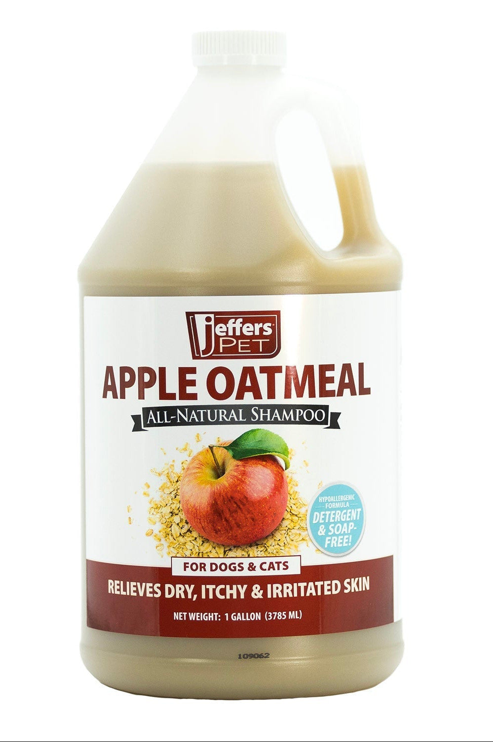 Gallon jug apple oatmeal shampoo for dogs and cats, white cap, amber liquid