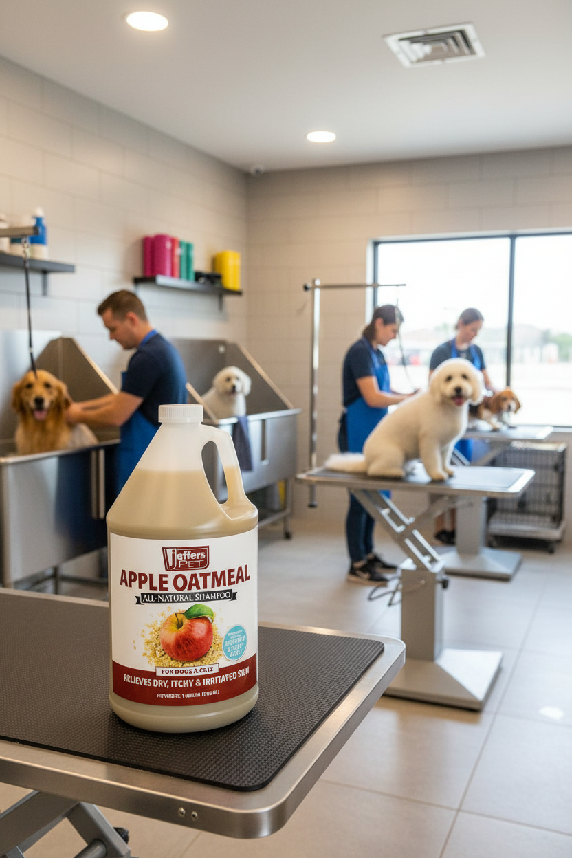 Apple oatmeal pet shampoo bottle on grooming counter, white cap, amber liquid