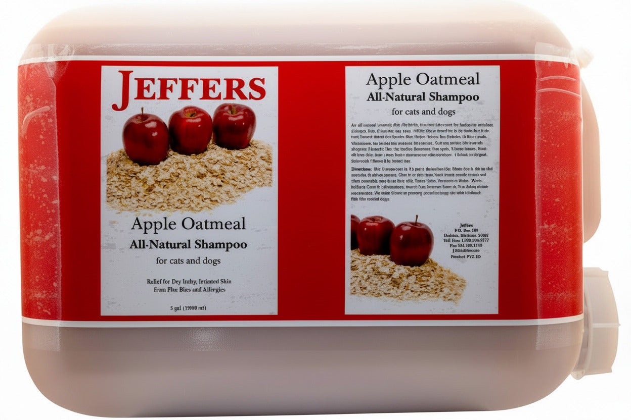 Large shampoo tub, apple oatmeal all-natural for dogs, red label, white lid