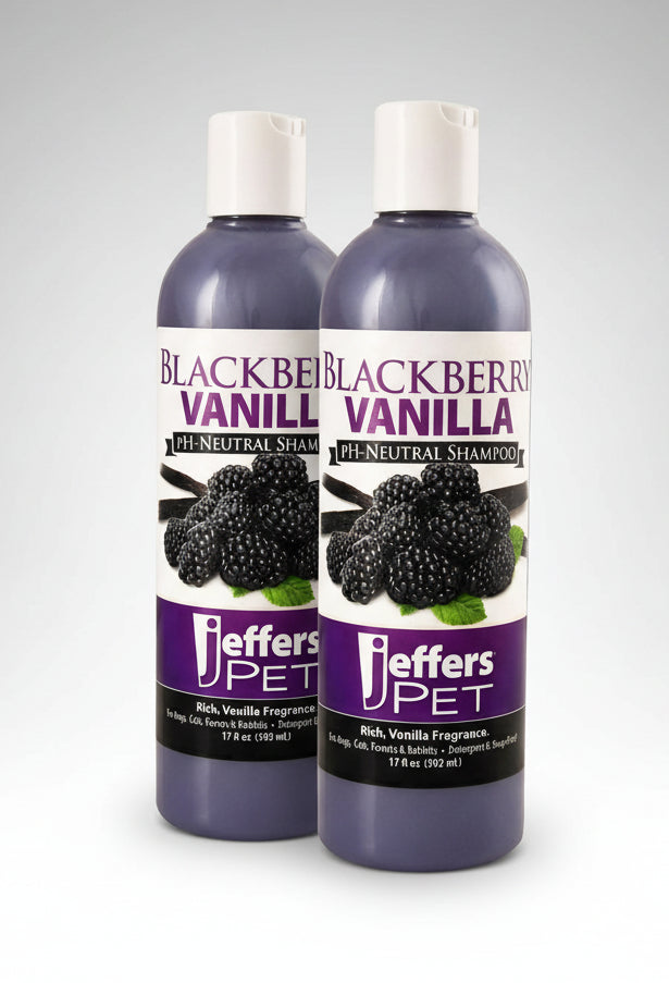Two Jeffers Pet Blackberry Vanilla pH-neutral pet shampoo bottles, front label view