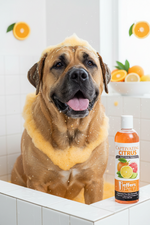 Pet flea bite relief shampoo bottle with citrus orange label, shown next to dog