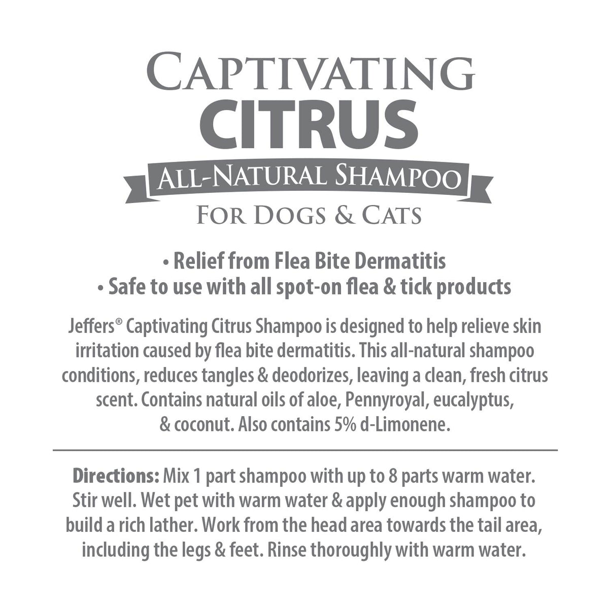 Captivating Citrus all-natural shampoo label text: flea bite relief for dogs & cats