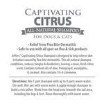 Captivating Citrus all-natural shampoo label text: flea bite relief for dogs & cats