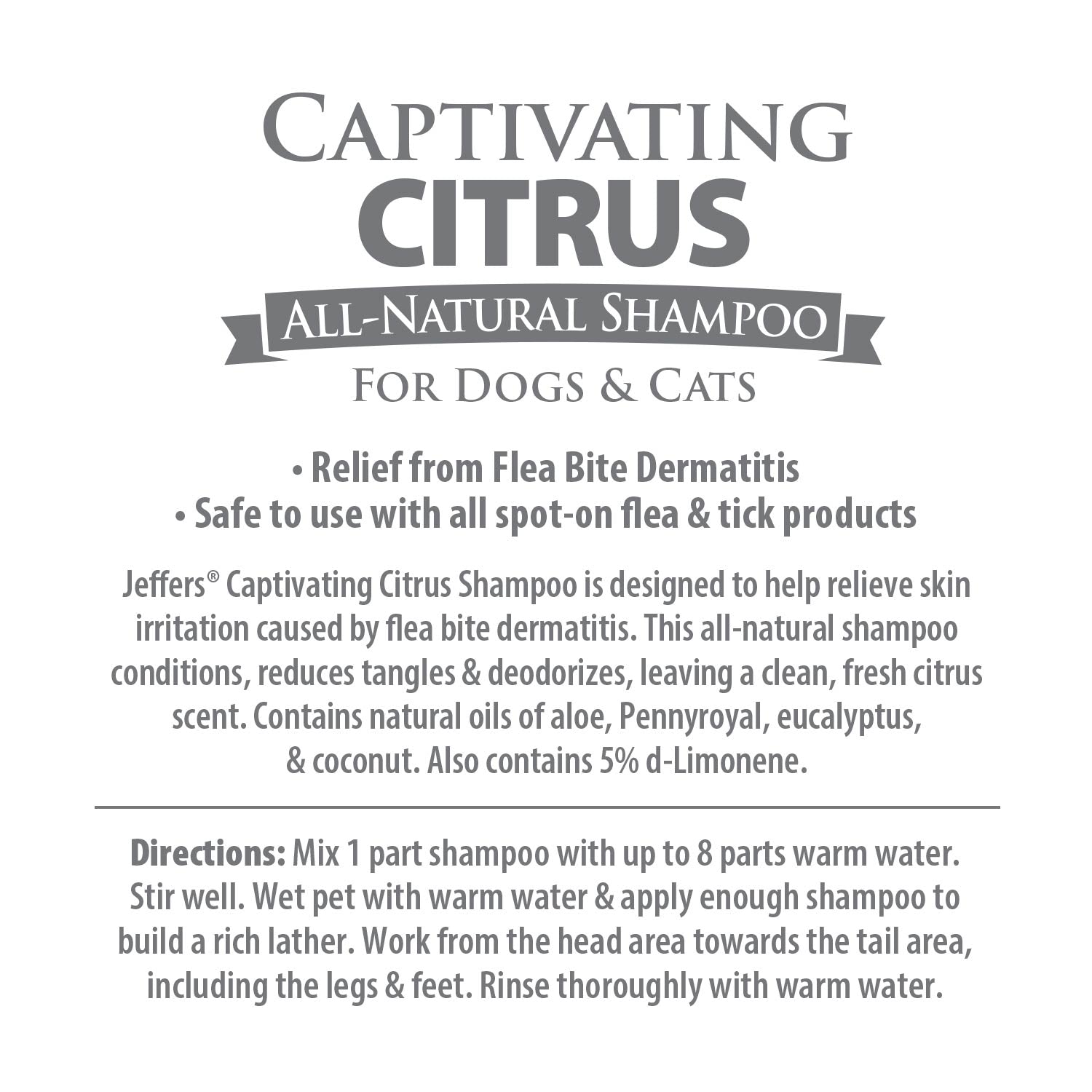 Captivating Citrus all-natural shampoo label text: flea bite relief for dogs & cats