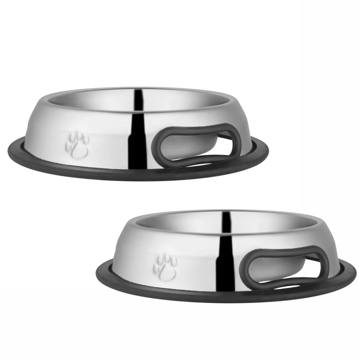 Stainless steel pet bowls with rubber no-tip anti-skid bases and handles, two angles