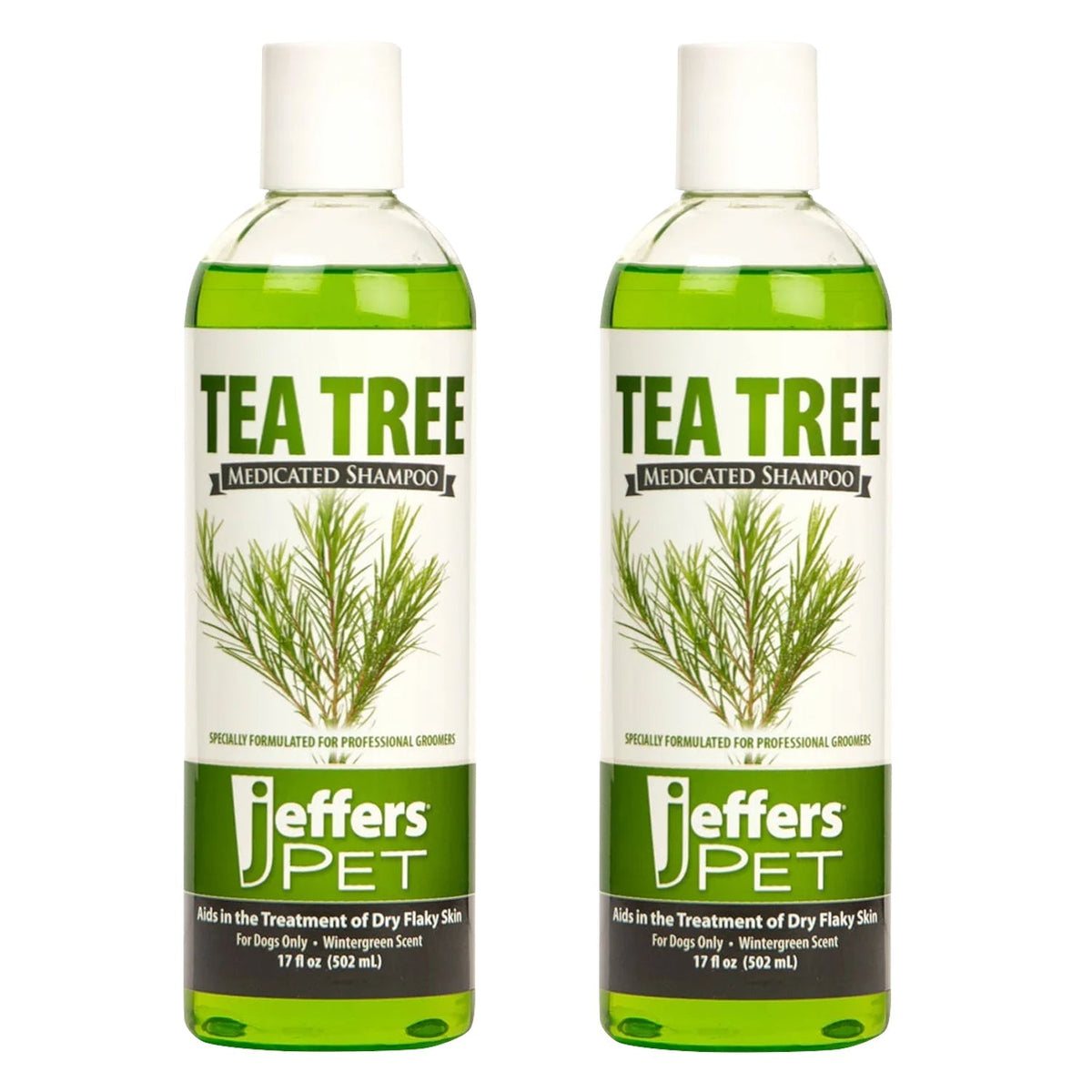 Two Jeffers Pet tea tree medicated dog shampoo bottles, green labels, 17 fl oz