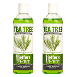 Two Jeffers Pet tea tree medicated dog shampoo bottles, green labels, 17 fl oz