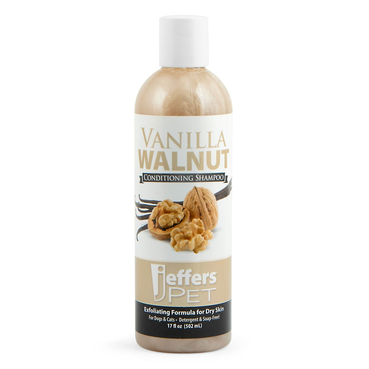 Vanilla walnut conditioning shampoo bottle for dogs and cats, exfoliating formula