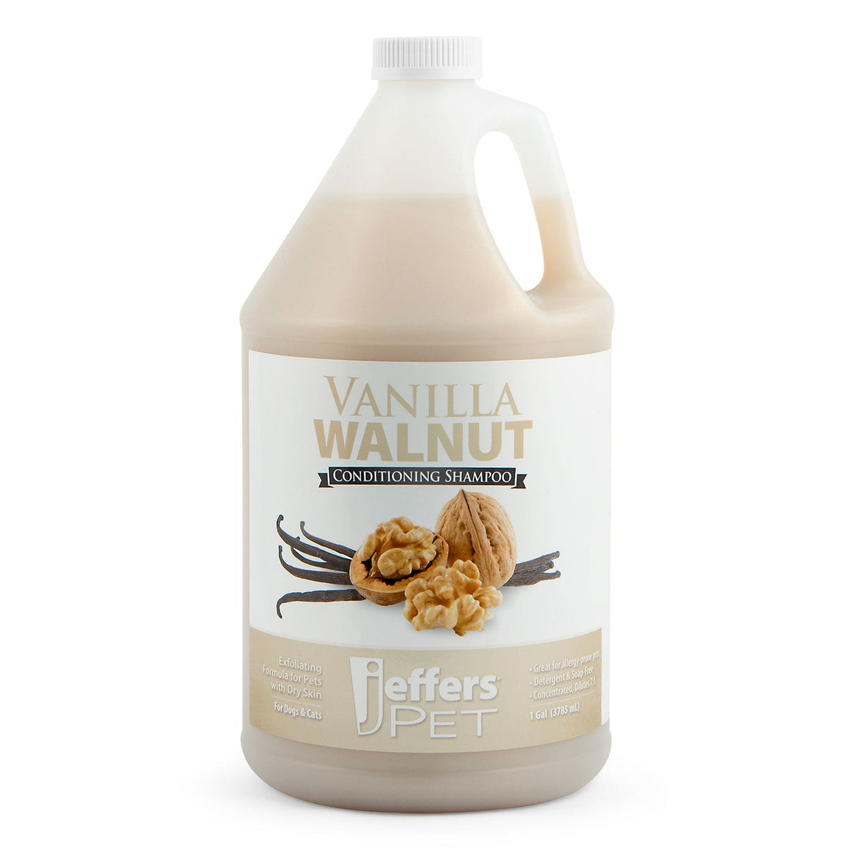 Vanilla walnut conditioning shampoo jug with front label and vanilla, walnut graphics
