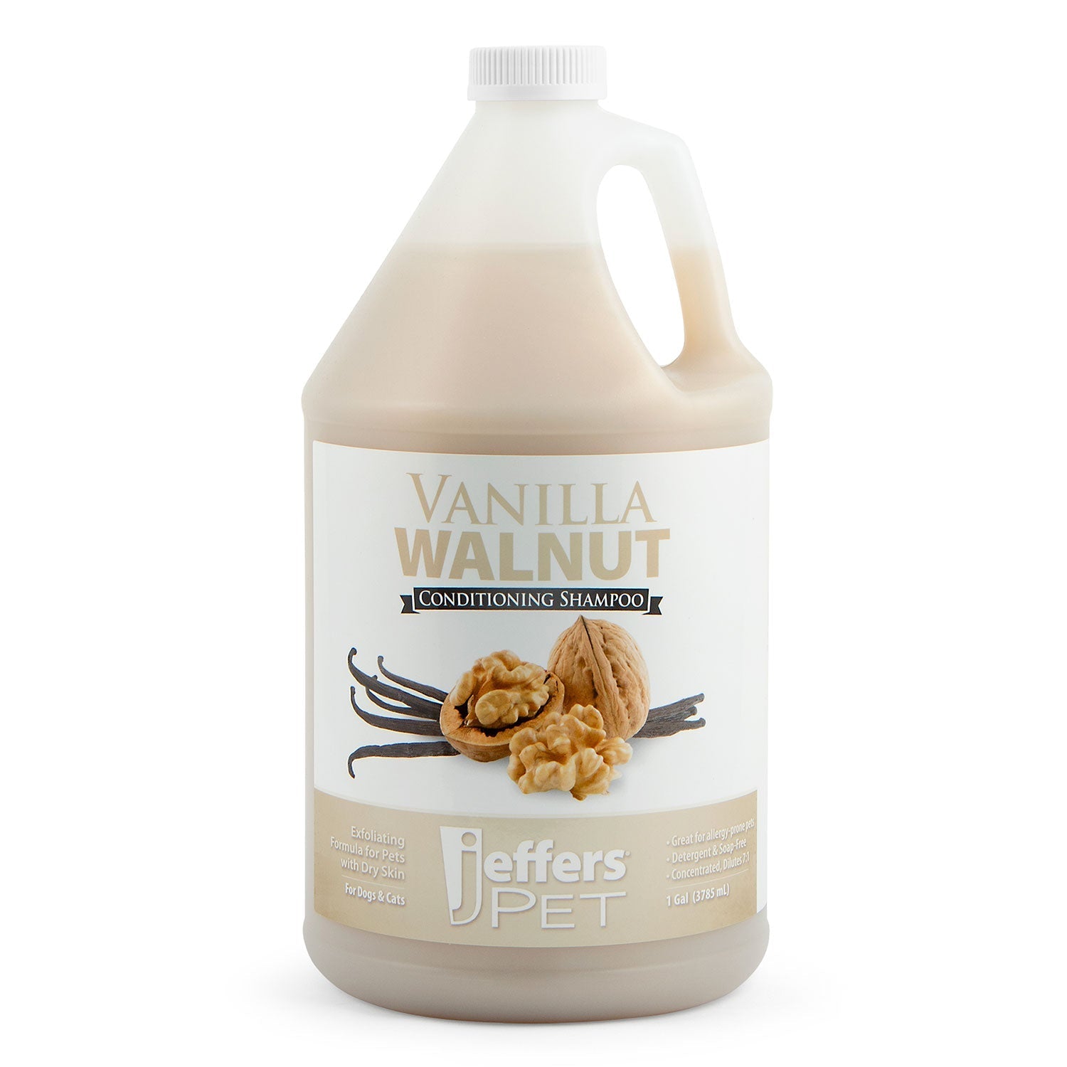 Vanilla walnut conditioning shampoo jug with front label and vanilla, walnut graphics