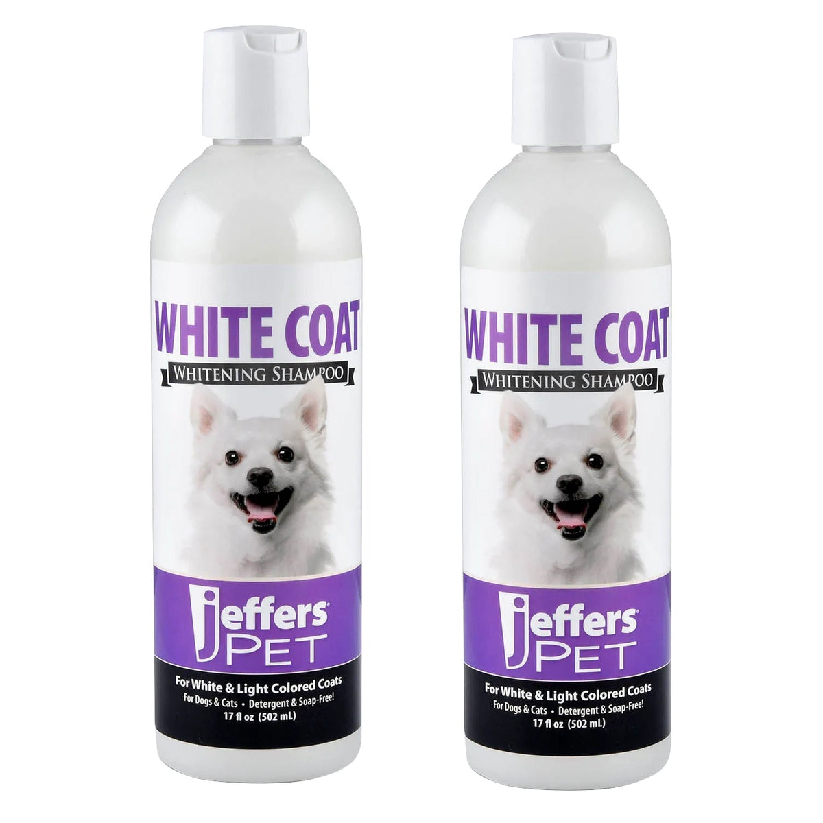 Two Jeffers Pet White Coat whitening shampoo bottles with dog face labels